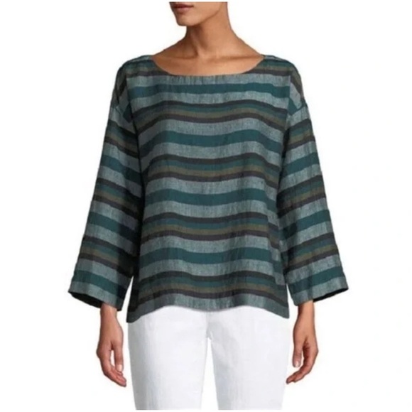 Eileen Fisher Teal Multi Stripe Organic Linen Top Extra Small New Without Tags! - Picture 3 of 11